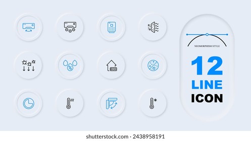 Ventilation line icon set. Air, thermostat, thermometer, coolness, wind, air conditioning, heat, blowing, summer, warmth, freshness, smell. Neomorphism style. Vector line icon for Business