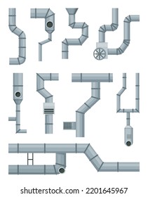 Ventilation pipe set. Vent system elements. Isolated cartoon parts. Air system, steel pipes details constructor on white background