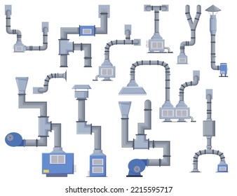 Ventilation pipes of different shapes vector illustrations set. Cartoon drawings of vents, metal air ducts, tubes for factories, air conditioners on white background. Ventilation, HVAC system concept