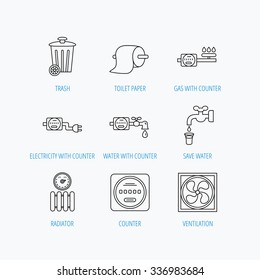 Ventilation, radiator and water counter icons. Toiler paper, gas and electricity counters linear signs. Trash icon. Linear set icons on white background.