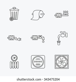 Ventilation, radiator and water counter icons. Toiler paper, gas and electricity counters linear signs. Trash icon. Linear black icons on white background.