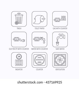 Ventilation, radiator and water counter icons. Toiler paper, gas and electricity counters linear signs. Trash icon. Flat linear icons in squares on white background. Vector