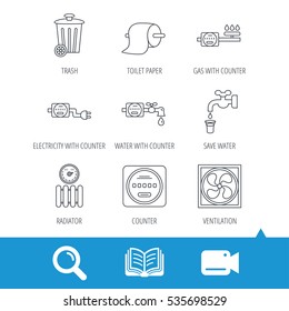 Ventilation, radiator and water counter icons. Toiler paper, gas and electricity counters linear signs. Trash icon. Video cam, book and magnifier search icons. Vector