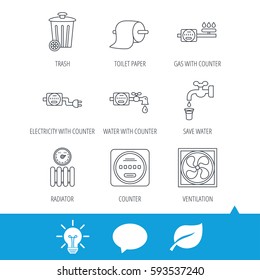 Ventilation, radiator and water counter icons. Toiler paper, gas and electricity counters linear signs. Trash icon. Light bulb, speech bubble and leaf web icons. Vector