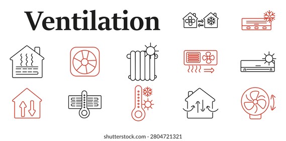 Ventilation set icon. Air conditioner, radiator, thermometer, cooling fan, airflow circulation, household climate control, heating system, temperature regulation equipment