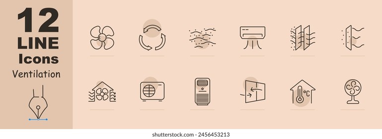 Symbol Lüftungsset. Blätter, Zirkulation, Luft, Staub, Klimaanlage, Schutzschichten gegen Staub, Filtration, Lufterhitzer, tragbare Klimaanlage, Temperaturregelung, Ventilator. Belüftungskonzept.