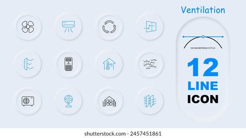 Ventilation set icon. Blades, circulation, neomorphism, air conditioner, protective layers against dust, filtration, air heater, portable air conditioner, temperature control, fan. Aeration concept.