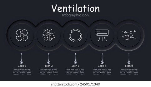 Icono de ventilación. Cuchillas, circulación, aire, polvo, aire acondicionado, capas protectoras contra el polvo, filtración, infografía, neomorfismo, control de temperatura, ventilador. Concepto de aireación.