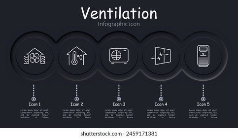 Symbol Lüftungsset. Schaufeln, Zirkulation, Luft, Staub, Klimaanlage, Schutzschichten gegen Staub, Filtration, Infografik, Neomorphismus, Temperaturregelung, Ventilator. Belüftungskonzept.