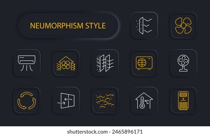 Ventilation set icon. Blades, circulation, air, dust, air conditioner, protective layers against dust, filtration, air heater, atmosphere, temperature control, fan, neomorphism. Aeration concept.