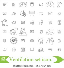 Ventilation set icon. Blades, circulation, air, dust, air conditioner, protective layers against dust, filtration, air heater, portable air conditioner, temperature control, fan. Aeration concept.