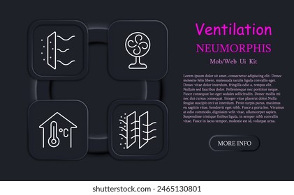 Icono de ventilación. Circulación, aire, polvo, aire acondicionado, capas protectoras contra el polvo, filtración, calentador de aire, aire acondicionado portátil, control de temperatura, neomorfismo. Concepto de aireación.