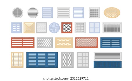 Ventilation shutters set vector illustration. Cartoon isolated metal and plastic lattice hole, domestic vent covers of different shapes and types with louver and grate for home kitchen and bathroom