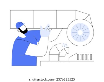 Ilustración de vectores de concepto abstracto de instalación del sistema de ventilación. El hombre instala un sistema de ventilación, un trabajador de construcción comercial, un proceso de construcción, una metáfora abstracta de ingeniero de HVAC.