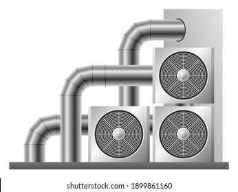 Ventilation system pipes roof of building. Ventilation system, energy recovery ventilation, airing system cleaning concept. Vector illustration