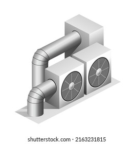 El sistema de ventilación encaja el techo del edificio. Sistema de ventilación, ventilación de recuperación de energía, concepto de limpieza del sistema de ventilación. Isometric