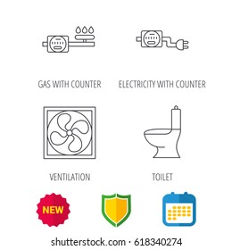Ventilation, toilet and gas counter icons. Electricity counter linear sign. Shield protection, calendar and new tag web icons. Vector