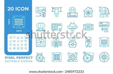 Ventilation two color line icons set. Air condition. Hvac system. Indoor air quality. Heating and cooling bicolor outline iconset isolated. Duotone pictograms thin linear. Editable stroke