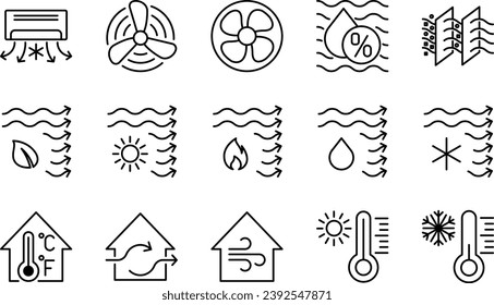 Ventilation Vector Line Icons with Air Conditioning, Air Cooling, Fan, Humidity, Air Circulation, and Ventilation.