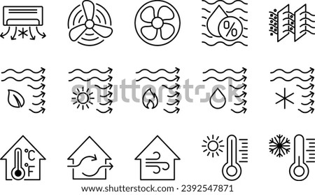 Ventilation Vector Line Icons with Air Conditioning, Air Cooling, Fan, Humidity, Air Circulation, and Ventilation.