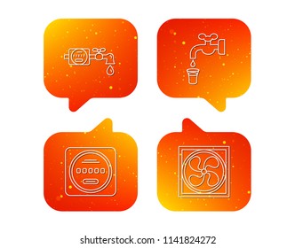 Ventilation, water counter icons. Save water, counter linear signs. Orange Speech bubbles with icons set. Soft color gradient chat symbols. Vector