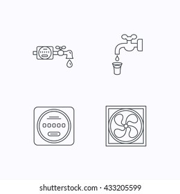 Ventilation, water counter icons. Save water, counter linear signs. Flat linear icons on white background. Vector