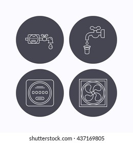 Ventilation, water counter icons. Save water, counter linear signs. Flat icons in circle buttons on white background. Vector