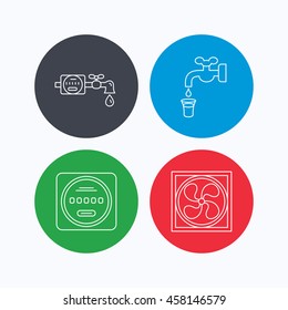 Ventilation, water counter icons. Save water, counter linear signs. Linear icons on colored buttons. Flat web symbols. Vector