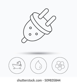 Ventilation, water drop and electric plug icons. Bath linear sign. Linear icons in circle buttons. Flat web symbols. Vector