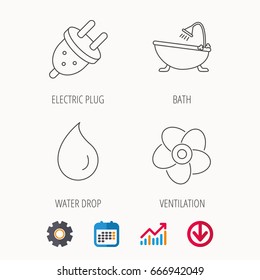 Ventilation, water drop and electric plug icons. Bath linear sign. Calendar, Graph chart and Cogwheel signs. Download colored web icon. Vector