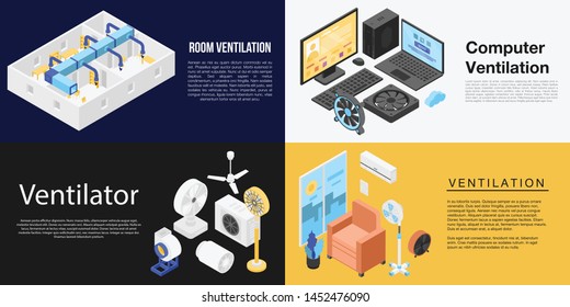 Ventilator banner set. Isometric set of ventilator vector banner for web design