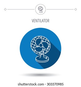 Ventilator icon. Fan or propeller sign. Blue flat circle button. Linear icon with shadow. Vector