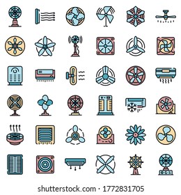 Iconos del ventilador establecidos. Conjunto de esquemas de iconos vectoriales del ventilador color de línea delgada plano sobre blanco