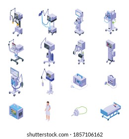 Ventilator Medical Machine icons set. Isometric set of Ventilator Medical Machine vector icons for web design isolated on white background