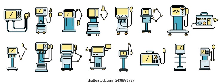 Ventilator Medical Machine icons set outline vector. Air ventilator. Breathing computer thin line color flat isolated