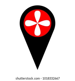 Ventilator sign illustration. Vector. Flat white icon in red circle at black marker on white background. Isolated.