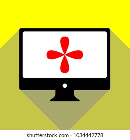 Ventilator sign illustration. Vector. Red icon on white monitor of black all-in-one desktop computer with two shadows at yellow background.