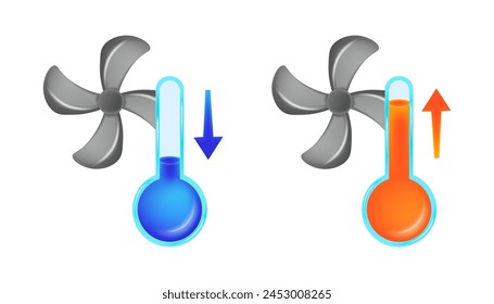 Ventilators with weather thermometers. Hot and cold temperature thermometer icons. Vector illustration