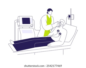 Ilustração de vetor de conceito abstrato de suporte ventilatório. Idoso em unidade de terapia intensiva, terapeutas respiratórios, exame médico, metáfora abstrata do sistema de suporte ventilatório.