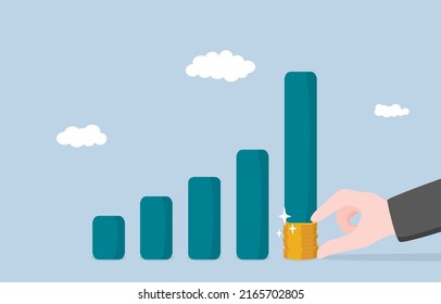 Venture Capital In Business With Good Prospect, Raising Fund In Growing Company, Partnership For Receiving Profit Share Concept. Giant Businessman Hand Support Rising Bar Graph With Coin  Stack.