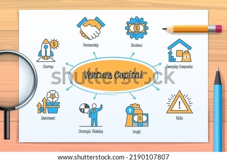 Venture capital chart with icons and keywords. Emerging companies, startup, business, investment, partnership, risks, strategic thinking, profit icons. Web vector infographic