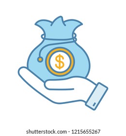 Venture Capital Color Icon. Business Funding, Budgeting. Investment Fund. Private Equity. Savings, Earnings. Hand Holding Sack Of Money. Isolated Vector Illustration