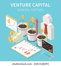 Venture capital composition with text and isometric icons of money plants and graphs of company growth vector illustration