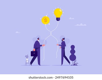 Venture capital or financial support for startup and entrepreneur company, make money idea or idea pitching for fund raising, businessman and woman merge lightbulb balloon and money coin balloon