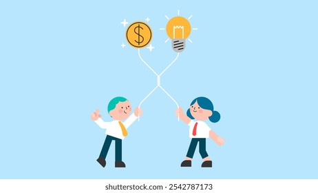 Venture capital or financial support for startup and entrepreneur company, make money idea or idea pitching for fund raising, businessman and woman merge lightbulb balloon and money coin balloon