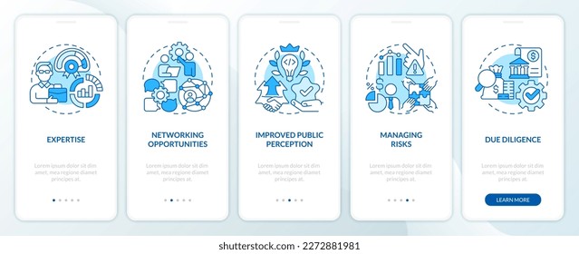 Venture capital financing benefits blue onboarding mobile app screen. Walkthrough 5 steps editable graphic instructions with linear concepts. UI, UX, GUI template. Myriad Pro-Bold, Regular fonts used