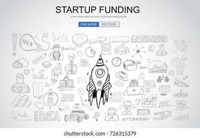 Venture Capital Funding concept with Business Doodle design style: raise money, campain best practice, series A crowd fund. Modern style illustration for web banners, brochure and flyers.