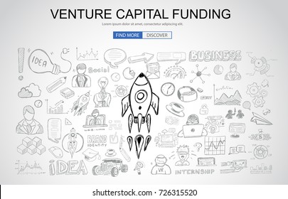 Venture Capital Funding concept with Business Doodle design style: raise money, campain best practice, series A crowd fund. Modern style illustration for web banners, brochure and flyers.