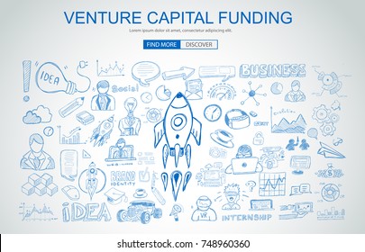 Venture Capital Funding Concept With Business Doodle Design Style: Raise Money, Campain Best Practice, Series A Crowd Fund. Modern Style Illustration For Web Banners, Brochure And Flyers.