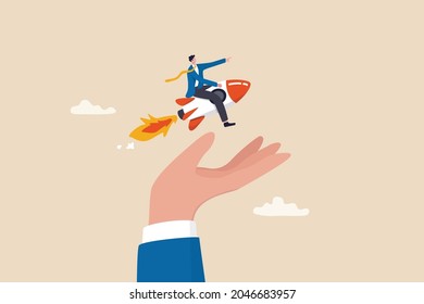 Venture capital to funding startup company, help or financial support entrepreneur or small company to launch project concept, confident businessman riding launching company rocket in supporter hand.